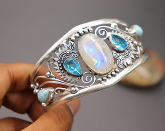 Handmade Sterling Silver Moonstone, Larimar & Topaz Bangle Cuff