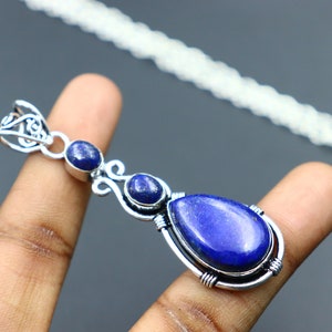 Natural Lapis lazuli stone handcraft pendant | Designer necklace  | Dainty pendant | Boho designer necklace | 18 inches chain included