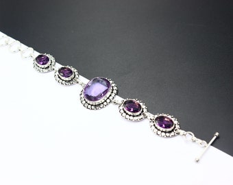 Vintage Amethyst Bracelet, Gemstone 925 Sterling Silver ,Cuff Bracelet, Charm Bracelet, Vintage Amethyst Bracelet, Gift for mom.