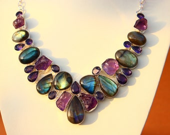Handmade Silver Labradorite Amethyst Cluster Necklace | Adjustable Gemstone