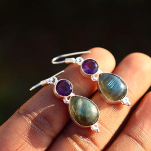 Amethyst Labradorite Silver Earrings | Handmade Sterling Silver Gemstone Earrings | Dual Stone Jewelry Gift for Women | Boho Chic Dangle