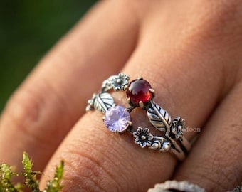 Garnet Fire Opal Sterling Silver Ring, Nature Inspired Floral Band, Vintage Gemstone Jewelry