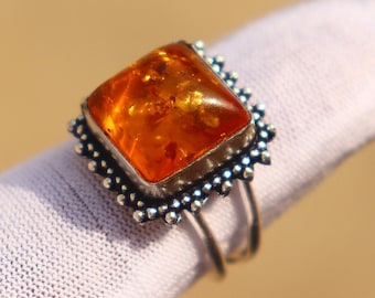 Handmade Baltic Amber Ring, 925 Sterling Silver, Gemstone Jewelry