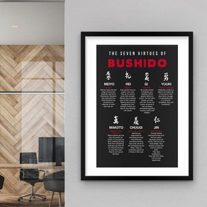 The Seven Virtues Of Bushido Wall Art Japan Samurai Framed Poster Japanese Warrior Art Real Man Honor Code Rolled Print Fighter Courage Sign