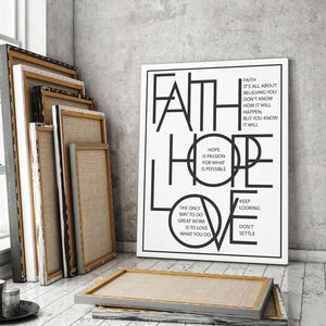 Faith Hope Love Wall Art Canvas Print  Inspirational Family Decor  Positivity Quote