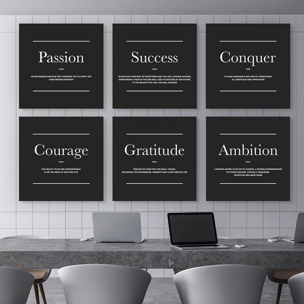 6x Definitions Bundle Office Decor Wall Art Canvas Prints Motivational Set 6 Pieces, Framed Inspirational Modern Art Signs Quotes, Noun Verb