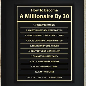 Millionaire By 30 Wall Art Money Mindset Motivational How To Wealth Canvas Investor Office Decor Print Million Dollar Poster Investing Quote