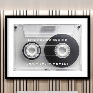 Retro Cassette Framed Poster, Life Has No Rewind Quote - Vintage Tape Decor, Music Lover Gift - Trendy Home Print, Inspiration Rolled Poster