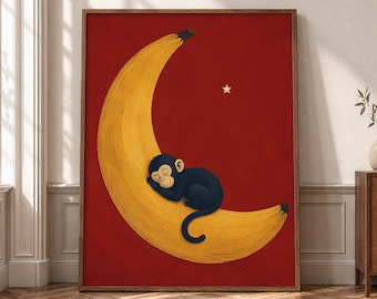 Sleeping Monkey Wall Art, Banana Moon Canvas Print, Nursery Animal Poster, Red Kids Room Decor, Whimsical Jungle Artwork- P386