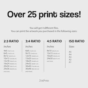 May include: A white graphic with black text detailing print sizes available for artwork. The text includes size ratios, inches, and centimeter conversions. The image states "Over 25 print sizes!" and lists sizes like 4x6 inches and 12x18 inches.