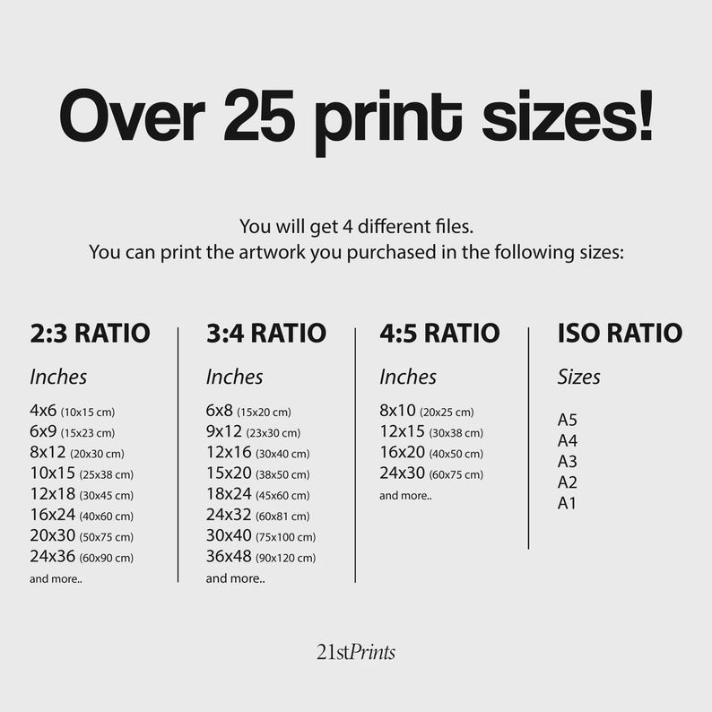 May include: A white graphic with black text detailing print sizes available for artwork. The text includes size ratios, inches, and centimeter conversions. The image states "Over 25 print sizes!" and lists sizes like 4x6 inches and 12x18 inches.