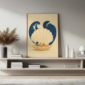Reading Woman Wall Art, Seashell Canvas Print, Book Lover Poster, Coastal Reading Nook Decor, Relaxing Ocean Inspired Artwork P470 image 2