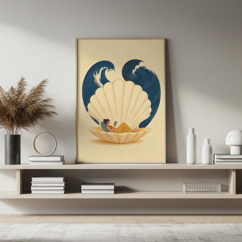 Reading Woman Wall Art, Seashell Canvas Print, Book Lover Poster, Coastal Reading Nook Decor, Relaxing Ocean Inspired Artwork P470 image 2