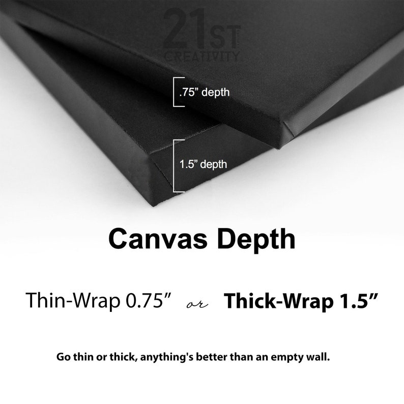 May include: Two black canvas frames showing the depth options for canvas prints. The top frame is 0.75 inches deep and the bottom frame is 1.5 inches deep. The text reads "Thin-Wrap 0.75" or "Thick-Wrap 1.5". The text below reads "Go thin or thick, anything's better than an empty wall."