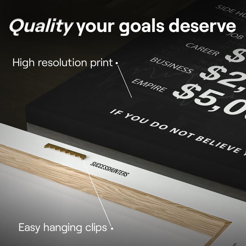 Pu&ograve; includere: Una stampa su tela in bianco e nero con la scritta "Quality your goals deserve". La stampa presenta termini finanziari e importi in dollari. La stampa ha clip per appenderla facilmente e una stampa ad alta risoluzione.