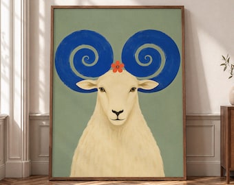 Whimsical Ram Wall Art, Colorful Animal Canvas Print, Blue Horn Sheep Poster, Eclectic Nursery Decor, Playful Farmhouse Artwork- P377