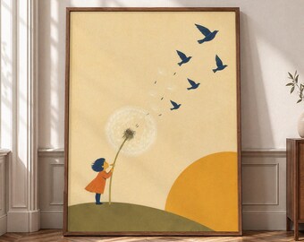 Dandelion Bird Wall Art, Freedom Canvas Print, Whimsical Nature Poster, Inspirational Kids Room Decor, Minimalist Botanical Art P469