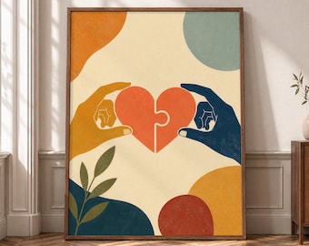Togetherness Wall Art, Puzzle Heart Canvas Print, Relationship Poster, Unity Home Decor, Modern Love And Connection Artwork P475