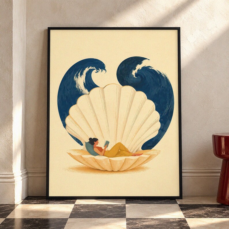 Reading Woman Wall Art, Seashell Canvas Print, Book Lover Poster, Coastal Reading Nook Decor, Relaxing Ocean Inspired Artwork P470 image 13
