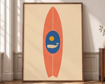 Surfboard Wall Art, Coastal Whale Print, Retro Ocean Canvas, Colorful Beach Decor, Nautical Poster, Surf Room Artwork- P361