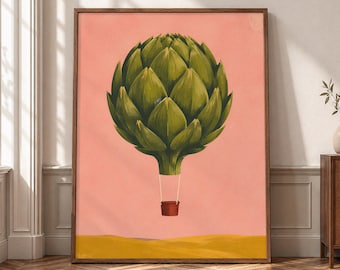 Artichoke Balloon Wall Art, Surreal Botanical Canvas Print, Pink Green Poster, Whimsical Kitchen Decor, Eclectic Vegetable Artwork- P380