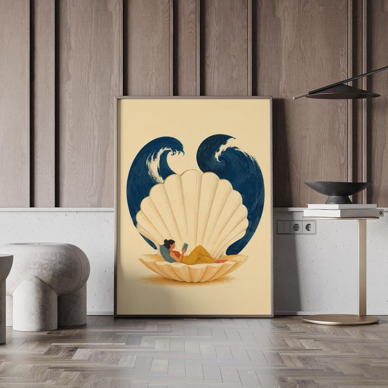 Reading Woman Wall Art, Seashell Canvas Print, Book Lover Poster, Coastal Reading Nook Decor, Relaxing Ocean Inspired Artwork P470 image 9