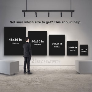 May include: A person stands in front of five different sized black canvases, each with white text indicating the dimensions in inches and centimeters. The text "Not sure which size to get? This should help." is at the top of the image. The text "21ST CREATIVITY" is at the bottom of the image.