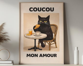 Bonjour Cat Wall Art, Coucou Mon Amour Poster, French Cafe Cat Print, Funny Black Cat Art, Paris Cafe Wall Decor - P131A
