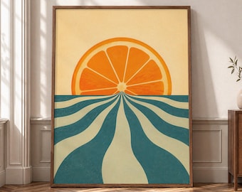 Orange Sunset Wall Art, Retro Citrus Canvas Print, Mid Century Coastal Poster, Abstract Summer Decor, Vintage Inspired Artwork- P461