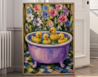Cute Duck Bathroom Wall Art Print, Whimsical Duckling Canvas Poster, Cottagecore Nursery Decor, Colorful Floral Bathroom Art - P179A