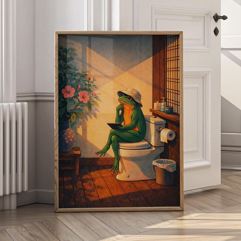 Funny Frog Bathroom Wall Art Print, Whimsical Frog Canvas Poster, Cute ...