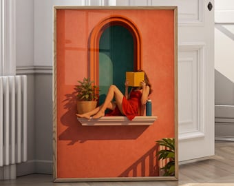 Impression d'art mural balcon méditerranéen, femme lisant un livre d'art, téléchargement numérique pour fenêtre colorée, affiche côtière moderne - P103C
