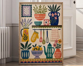 Colorful Kitchen Art Print, Scandinavian Folk Art Kitchen Decor, Retro Botanical Kitchen Poster, Whimsical Fruit Vase Printable Art - P167C
