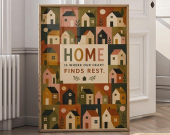 Home Is Where Our Heart Finds Rest Wall Art, Cozy House Print, Modern Farmhouse Decor, Neutral Living Room Canvas, New Home Gift - P209A