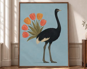Ostrich Flower Wall Art, Colorful Animal Canvas Print, Tulip Bird Poster, Eclectic Botanical Decor, Whimsical Spring Artwork- P383