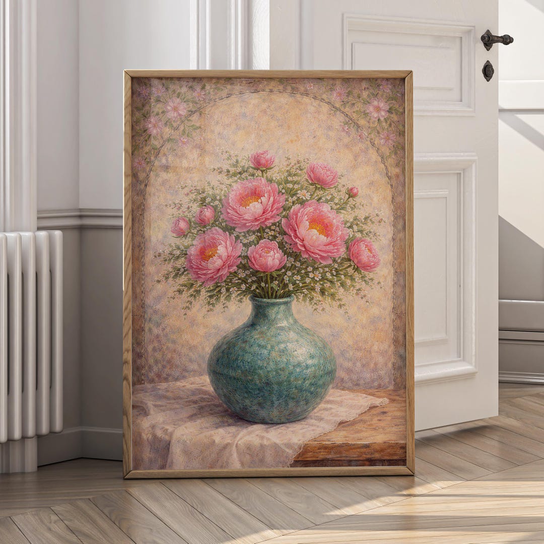 Vintage Peony Floral Wall Art Printable, Pink Flower Vase Painting ...