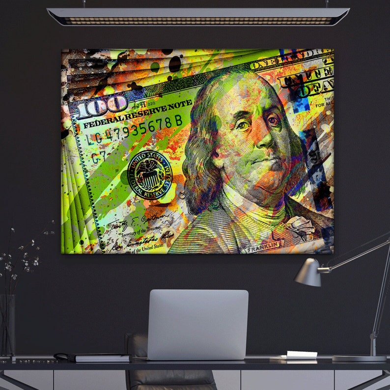 100 Dollar Bill Pop Art Print Ben Franklin Canvas Print Wall Art Office ...