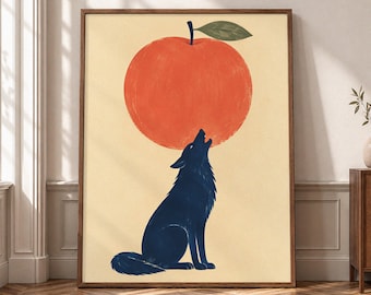 Wolf and Orange Wall Art, Surreal Animal Canvas Print, Navy Orange Poster, Eclectic Fruit Decor, Whimsical Modern Artwork- P382