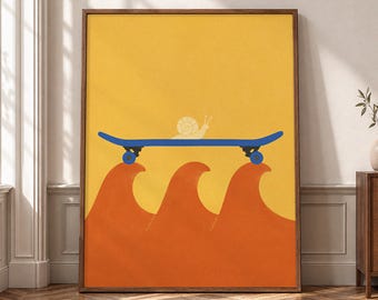 Skateboard Wall Art, Surf Wave Canvas, Snail Skate Print, Colorful Teen Room Decor, Retro Skate Poster, Kids Sports Art- P369