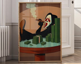 Ghostface Money Art – Funny Horror Movie Wall Art, Rich Ghost Poster, Scream Inspired Canvas Print, Wealth Aesthetic Decor, Digital Download