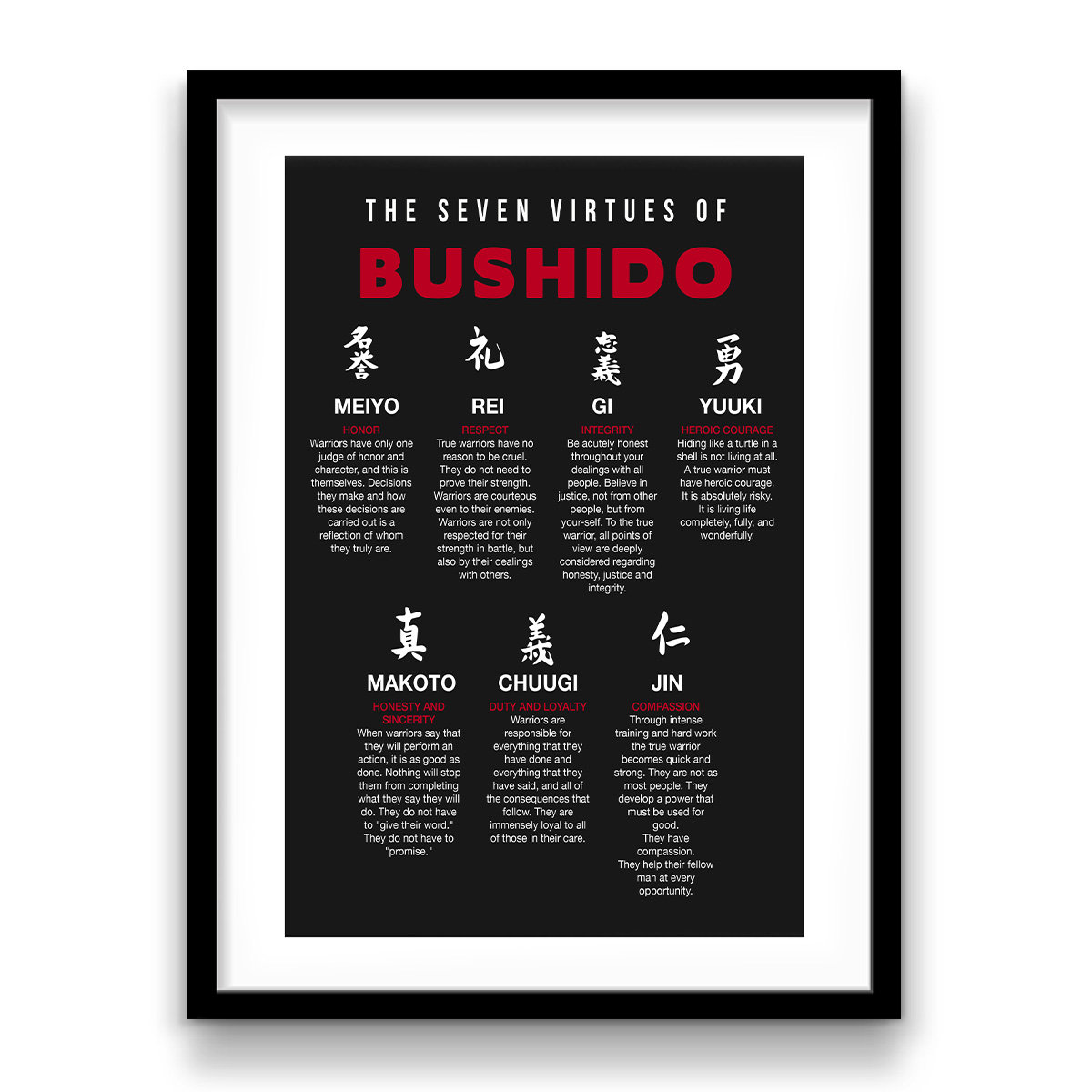 The Seven Virtues of Bushido Wall Art Japan Samurai Framed Poster ...