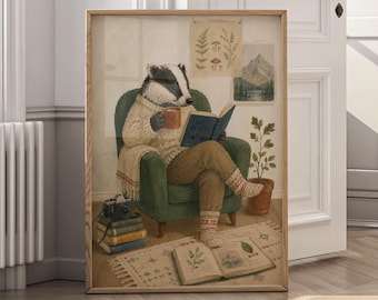 Cozy Badger Reading Wall Art, Woodland Animal Canvas Print, Cottagecore Forest Decor, Nature Lover Gift, Whimsical Book Poster - P196E