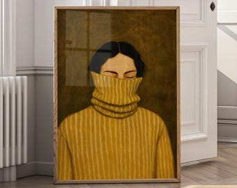 High Collared Disguise – Moody Woman Portrait Art | Yellow Minimalist Canvas Print, Contemporary Figurative Poster | Modern Home Decor - P65