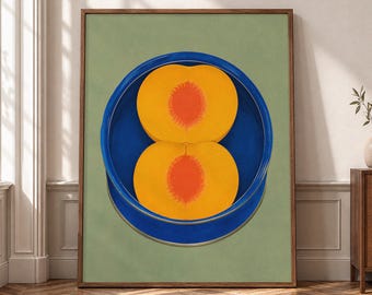 Peach Wall Art, Fruit Still Life Canvas, Blue Bowl Poster, Retro Kitchen Decor, Colorful Food Artwork, Dining Room Print-P372