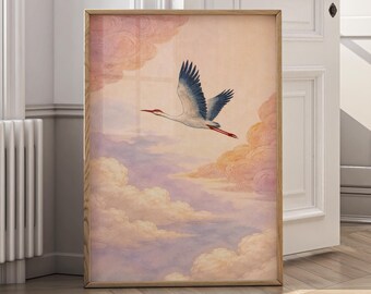 Japanese crane wall art vintage, flying bird print, oriental art poster, minimalist nature art, zen decor, asian aesthetic - P121B