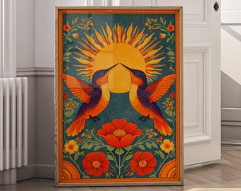 Sun Kissed Birds Wall Art – Folk Art Birds Canvas Print, Vintage Floral Poster, Boho Nature Illustration, Framed Wall Decor - P82