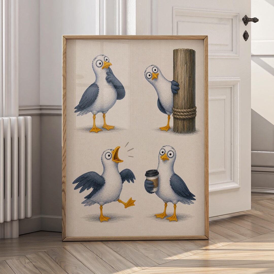Funny Seagull Wall Art Print, Coastal Bird Printable Art, Cute Beach ...