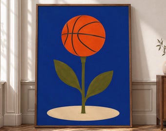 Basketball Wall Art, Sports Flower Canvas, Blue Orange Poster, Modern Basketball Decor, Athlete Room Print, Game Room Art- P368