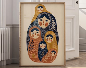 Nordic Folk Wall Art Print, Scandinavian Matryoshka Canvas Art, Boho Folk Art Poster, Neutral Nursery Decor - P175A