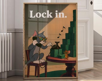 Stampa su tela Lock In Wall Art - Poster con cartoni animati sui soldi, arte ispirata a Tom e Jerry, decorazioni per l'ufficio, arte motivazionale, stampa estetica retrò